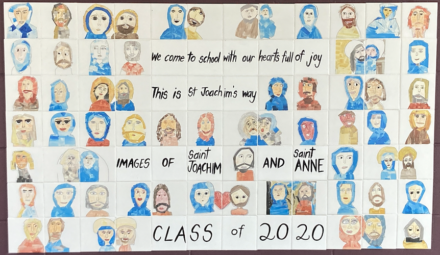 Class artwork collage featuring student portraits and a message about St Joachim’s values.