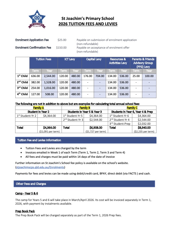 St Joachim's 2026 Tuition Fees and Levies.